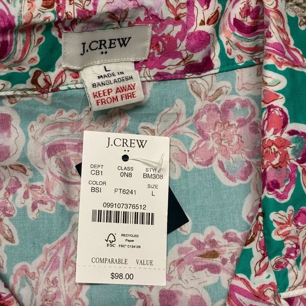J.Crew Womens L Pajama Top Short Sleeve 100% Cotton Pink Paisley White Trim NWT